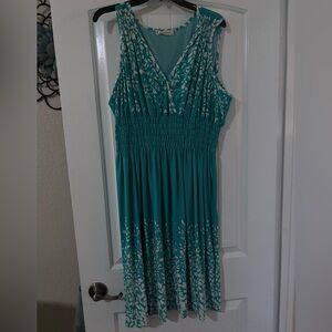 Jon & Anna Teal Midi Dress with White Leaf Pattern